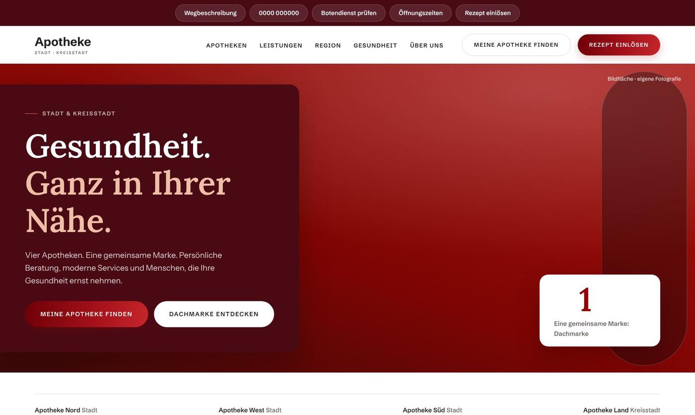 Startseite des Prototyps: dunkelrote Hero-Fläche mit der Headline „Gesundheit. Ganz in Ihrer Nähe.“, darunter die vier Standorte der gemeinsamen Marke.
