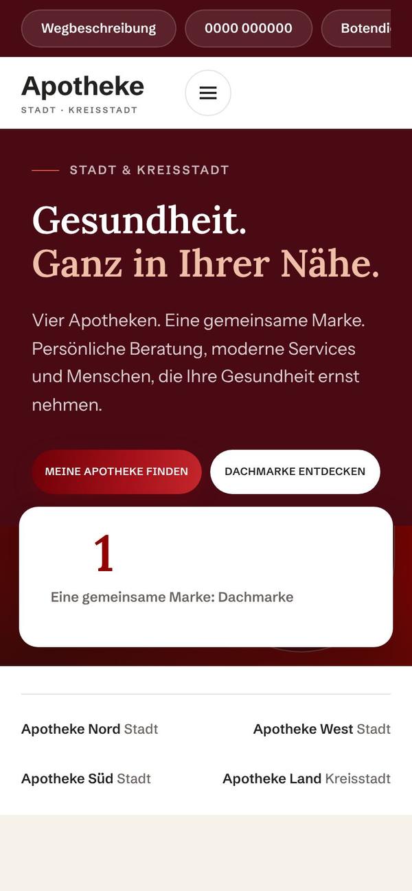 Mobile Ansicht des Prototyps mit Schnellzugriffen für Wegbeschreibung, Telefon und Botendienst.