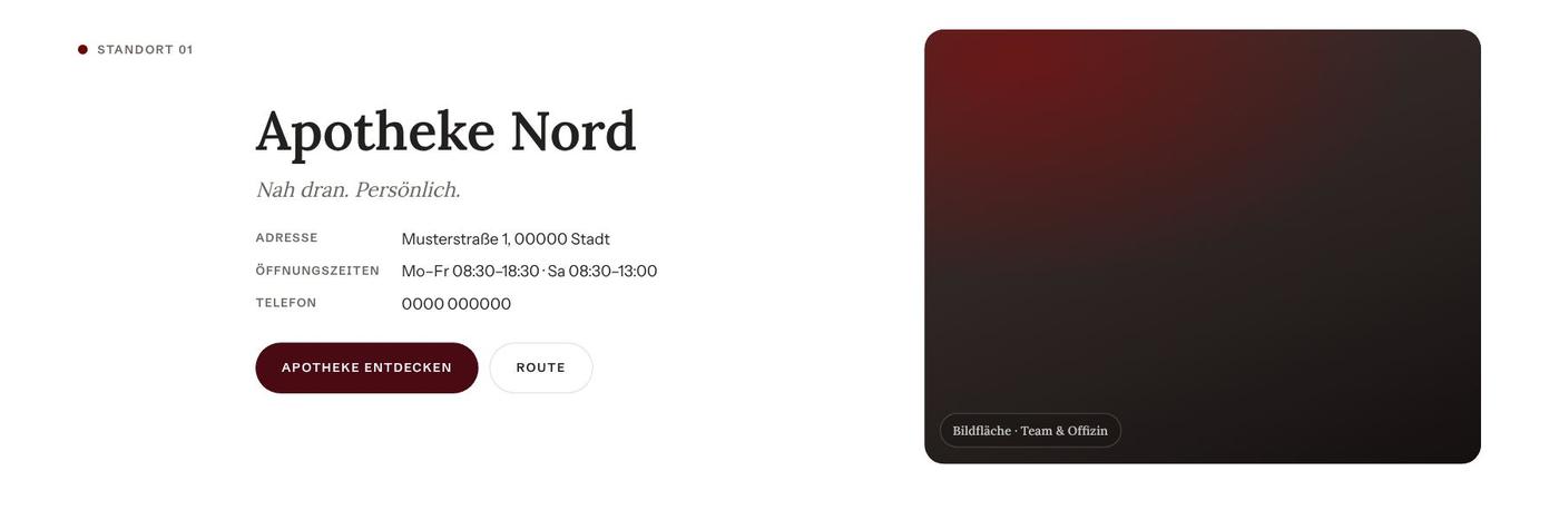 Standortkarte einer Apotheke mit Adresse, Öffnungszeiten, Telefon und Buttons für Details und Route.